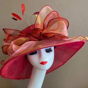 Elegant Pink and Red Wide-Brimmed Hat with Bow